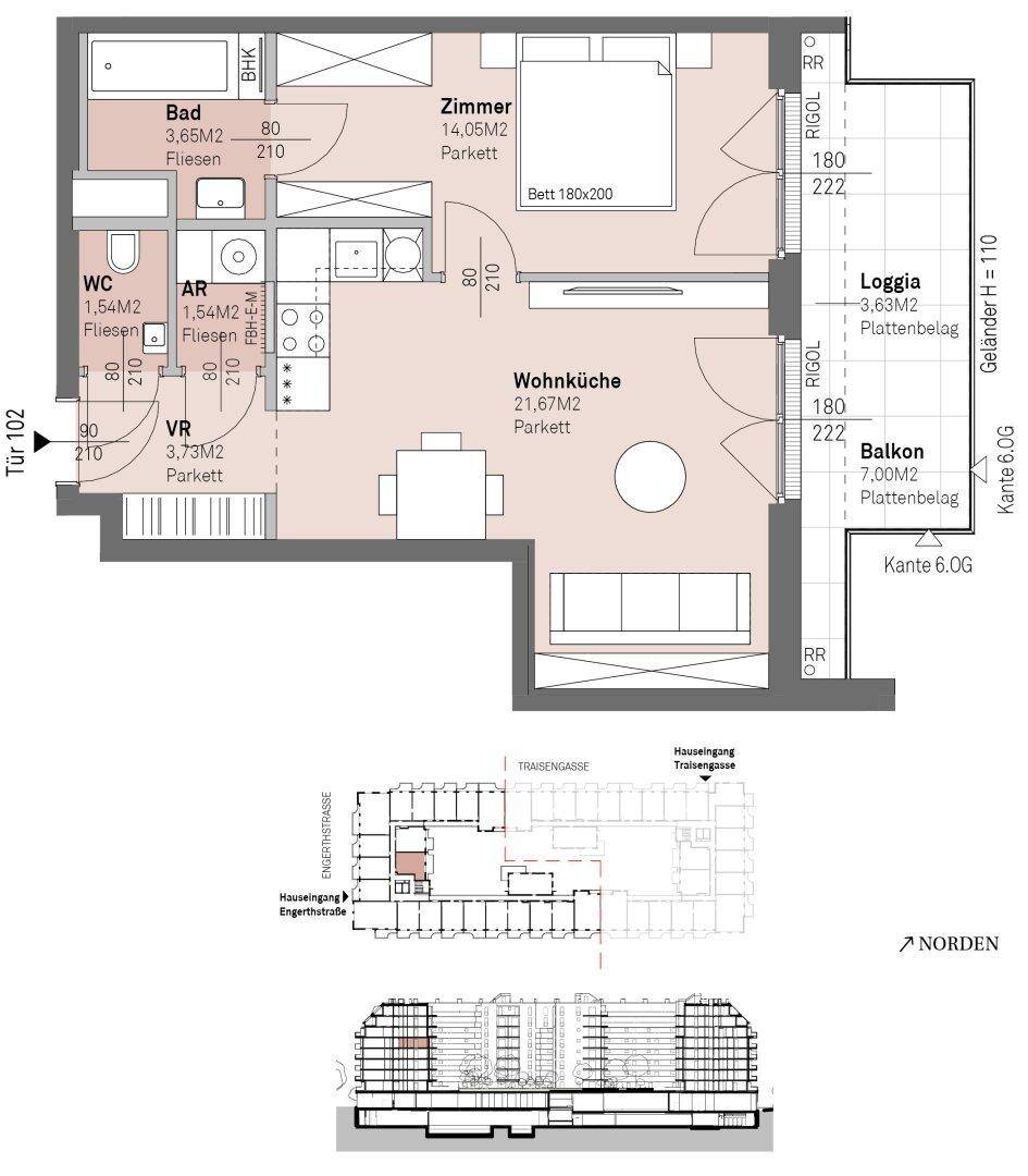 Grundriss einer Wohnung mit offener Wohnküche, einem Schlafzimmer, Bad, separatem WC, Abstellraum, Loggia und Balkon.