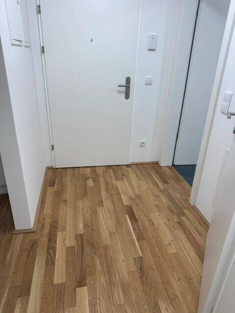 Heller Eingangsbereich mit Eichenparkettboden und weiß gestrichenen Wänden.