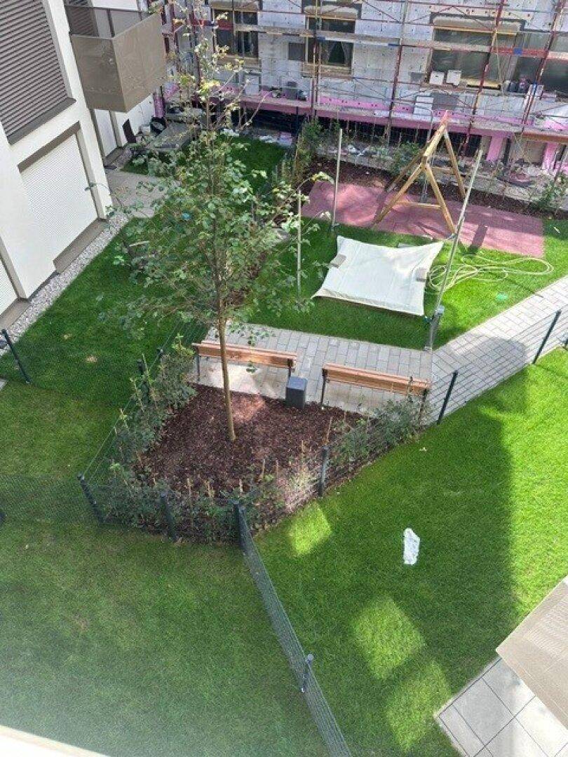 Gepflegte Gemeinschaftsgartenanlage mit Rasenflächen, jungen Bäumen und Sitzbänken.