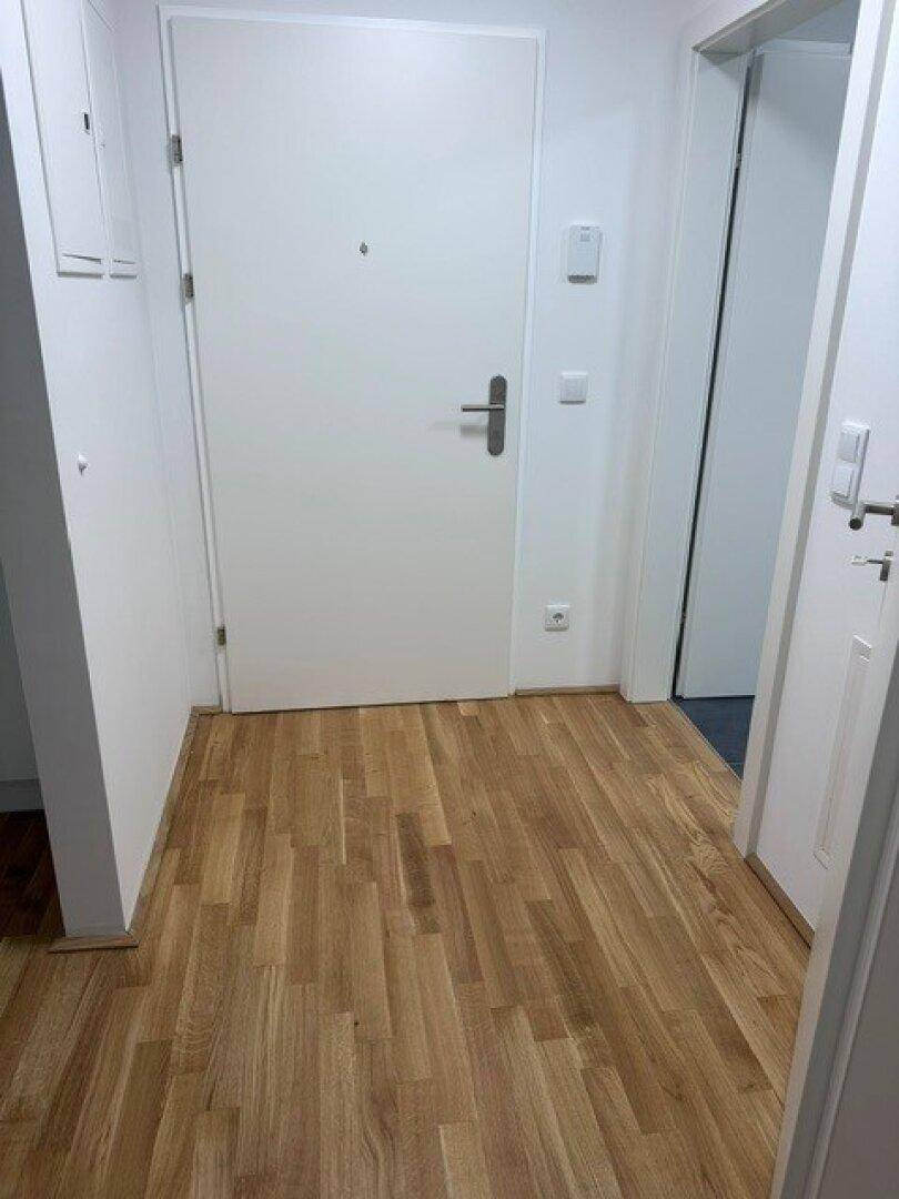 Heller Eingangsbereich mit Holzboden und weißer Tür, der zu weiteren Räumen führt.