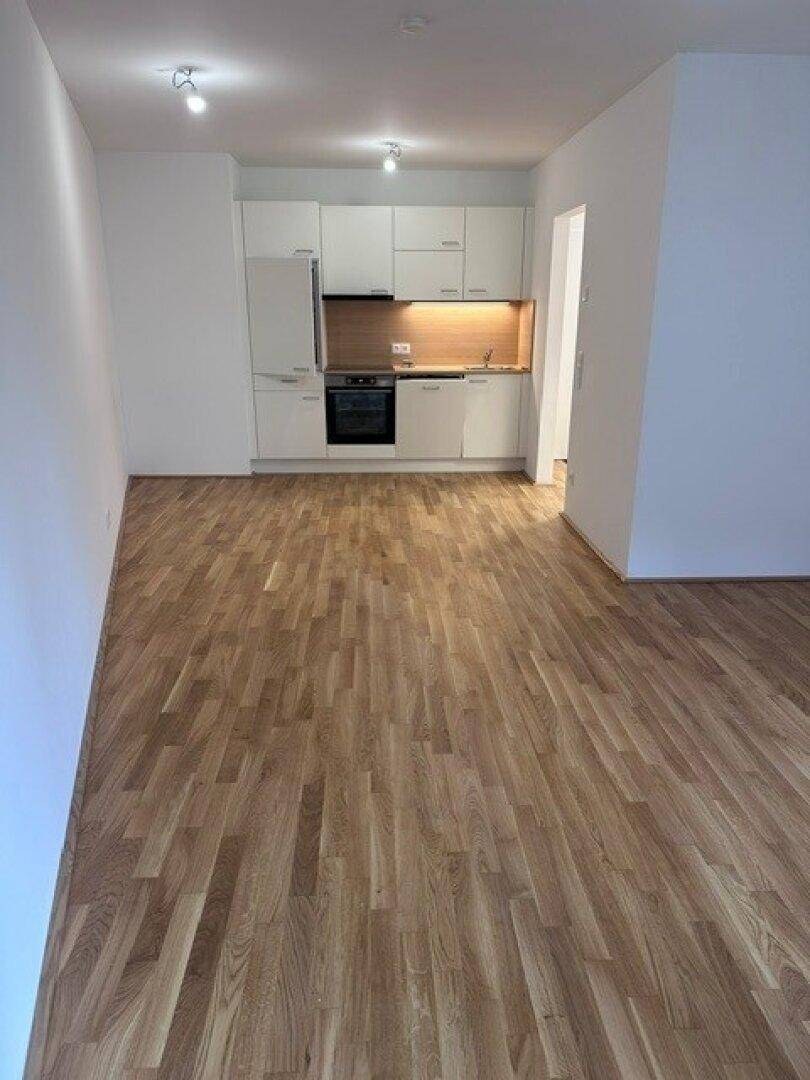 Offener Wohnbereich mit integrierter Küche und hellem Parkettboden, ideal für modernes Wohnen.