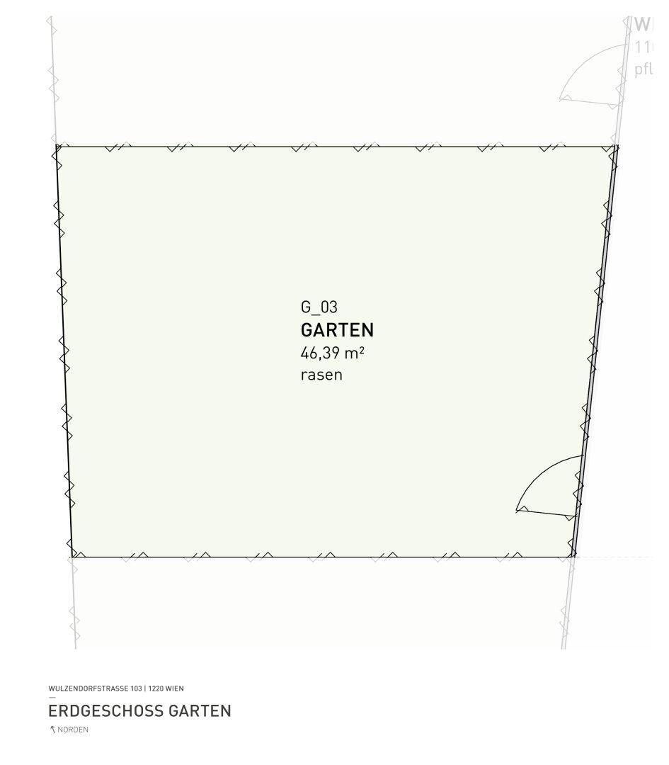 Grundrissplan eines Gartens im Erdgeschoss mit Rasenfläche und Nordausrichtung.