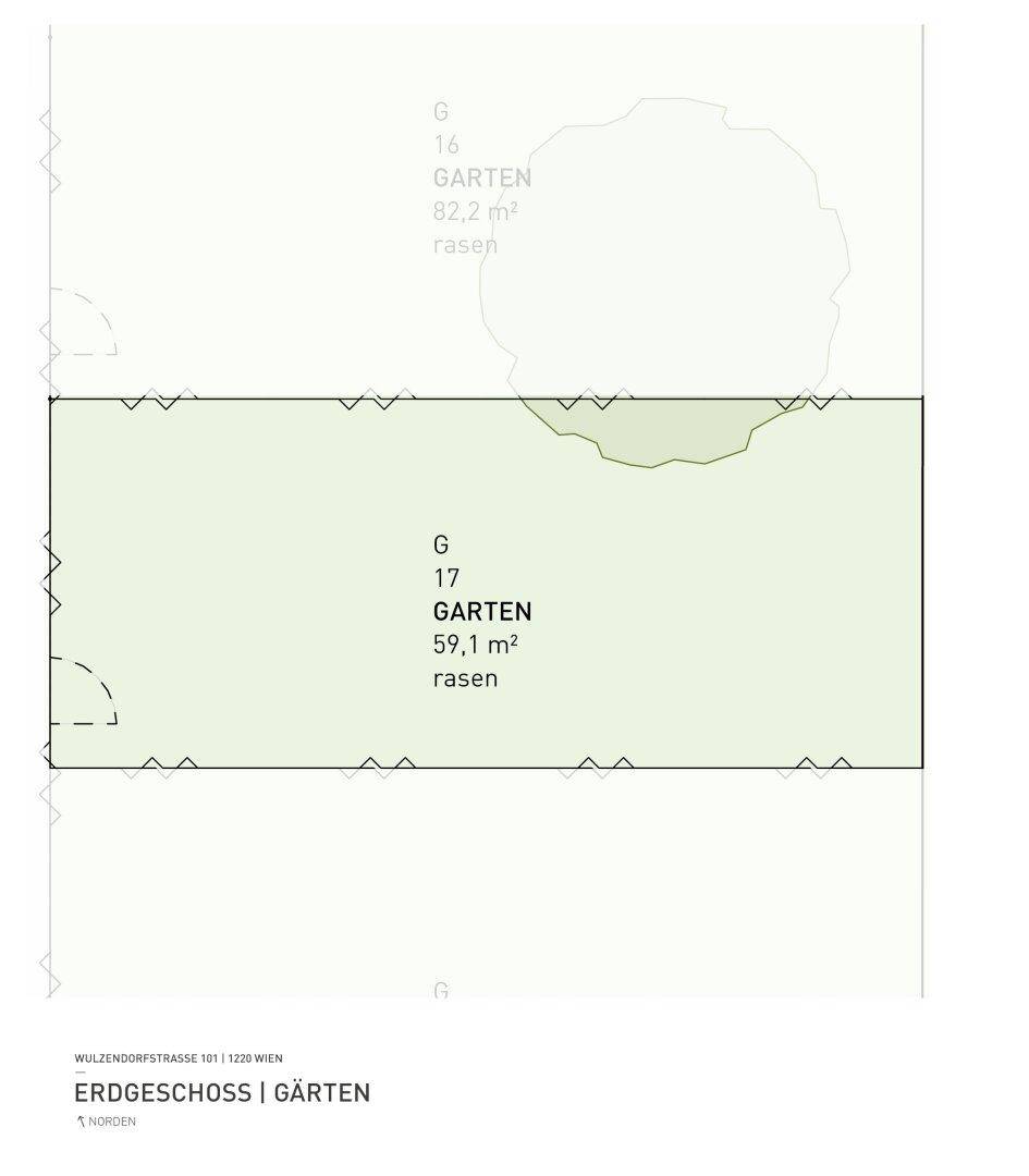 Grundrissplan zeigt zwei Gartenbereiche im Erdgeschoss mit Rasenflächen und Größenangaben.