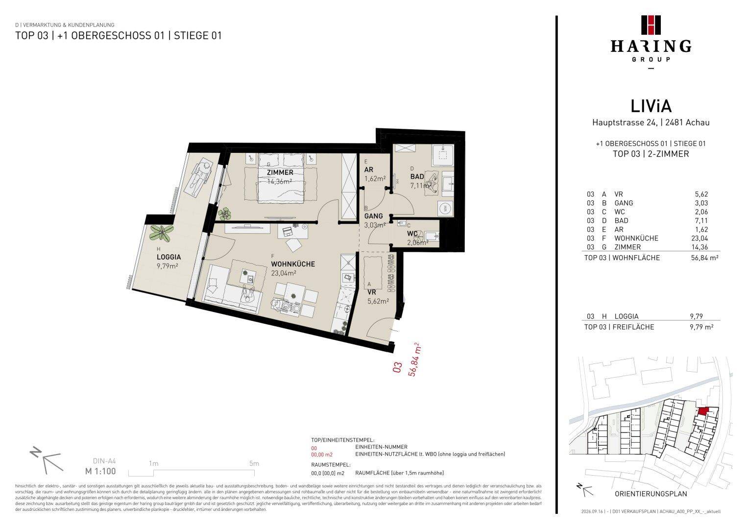 Grundriss einer 2-Zimmer-Wohnung mit Loggia und offenem Wohnbereich.