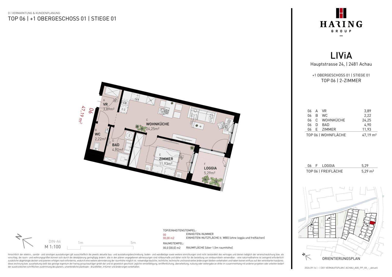 Grundriss einer Wohnung mit Wohnküche, Schlafzimmer, Bad, WC und Loggia.
