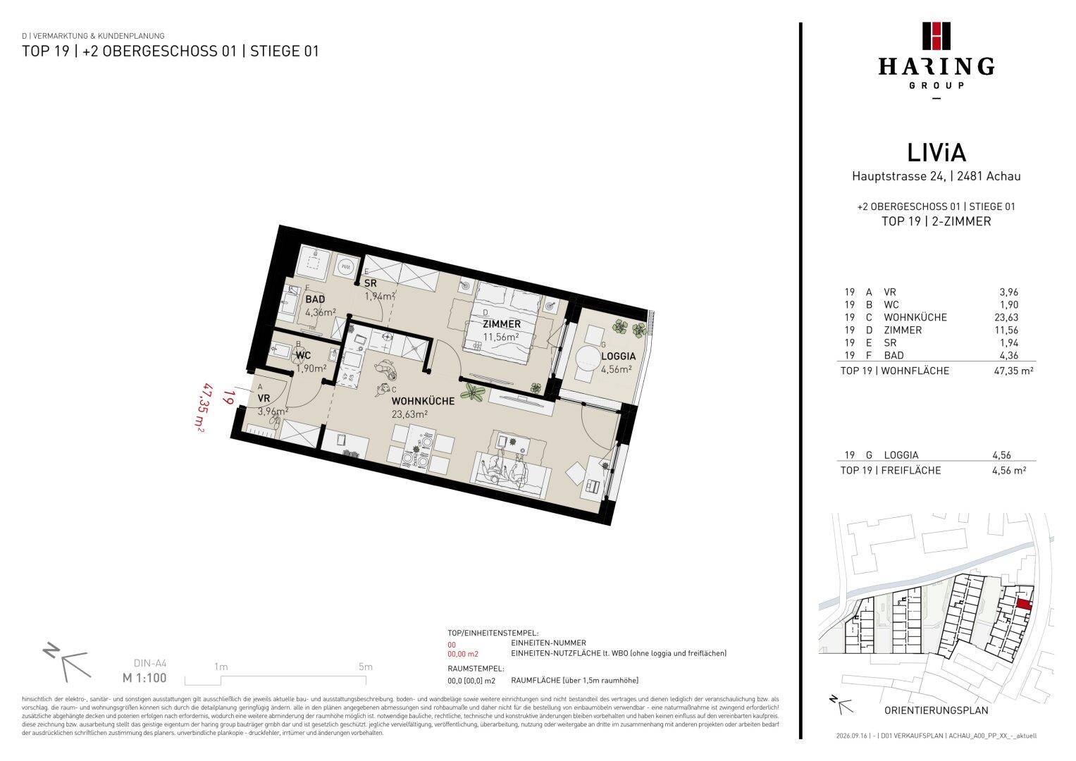 Grundriss einer Wohnung mit Wohnküche, Schlafzimmer, Bad und Loggia.