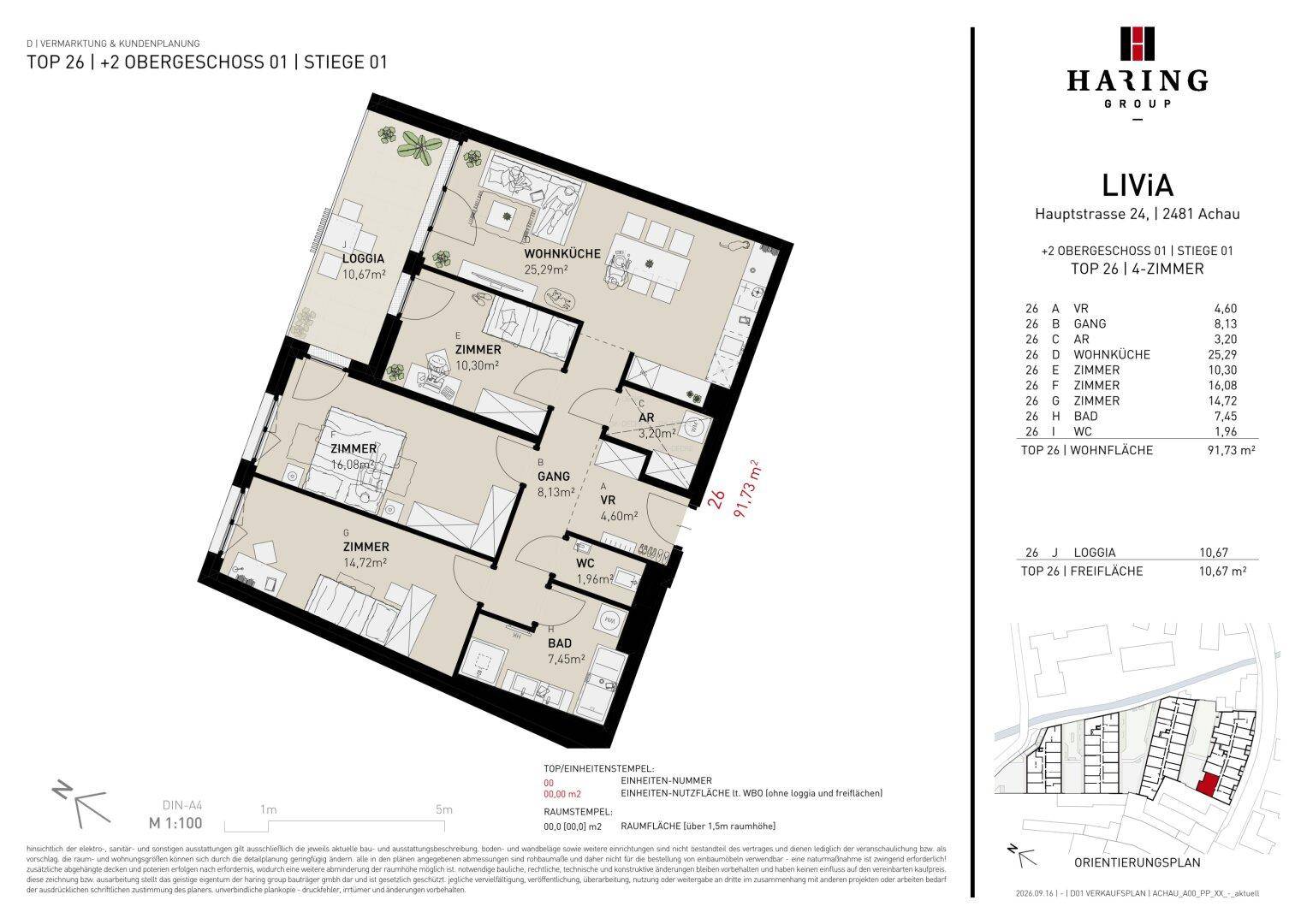 Detaillierter Grundriss einer Wohnung mit Loggia, drei Zimmern und offener Wohnküche.