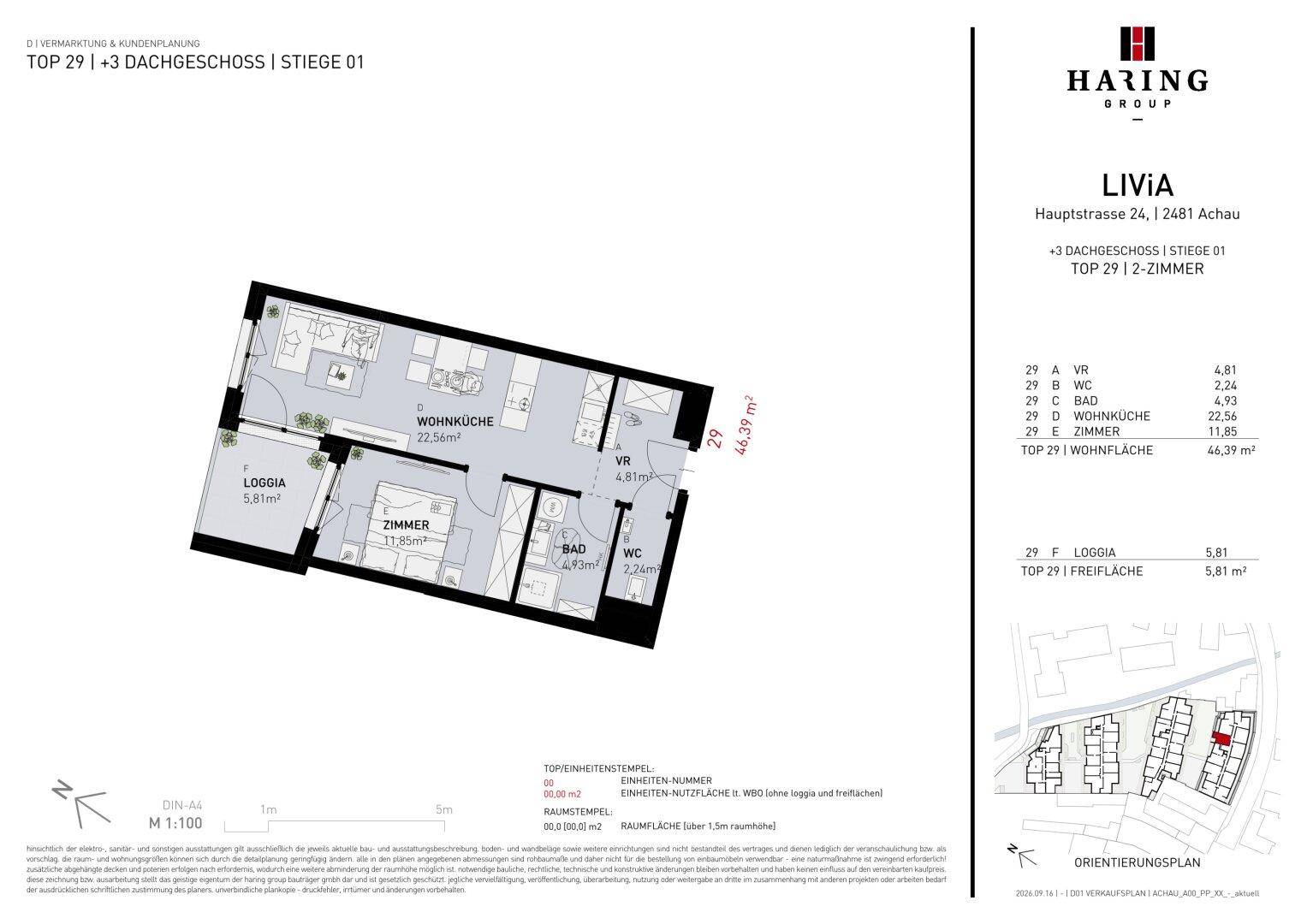 Grundriss einer 2-Zimmer-Wohnung mit Loggia und separatem WC.