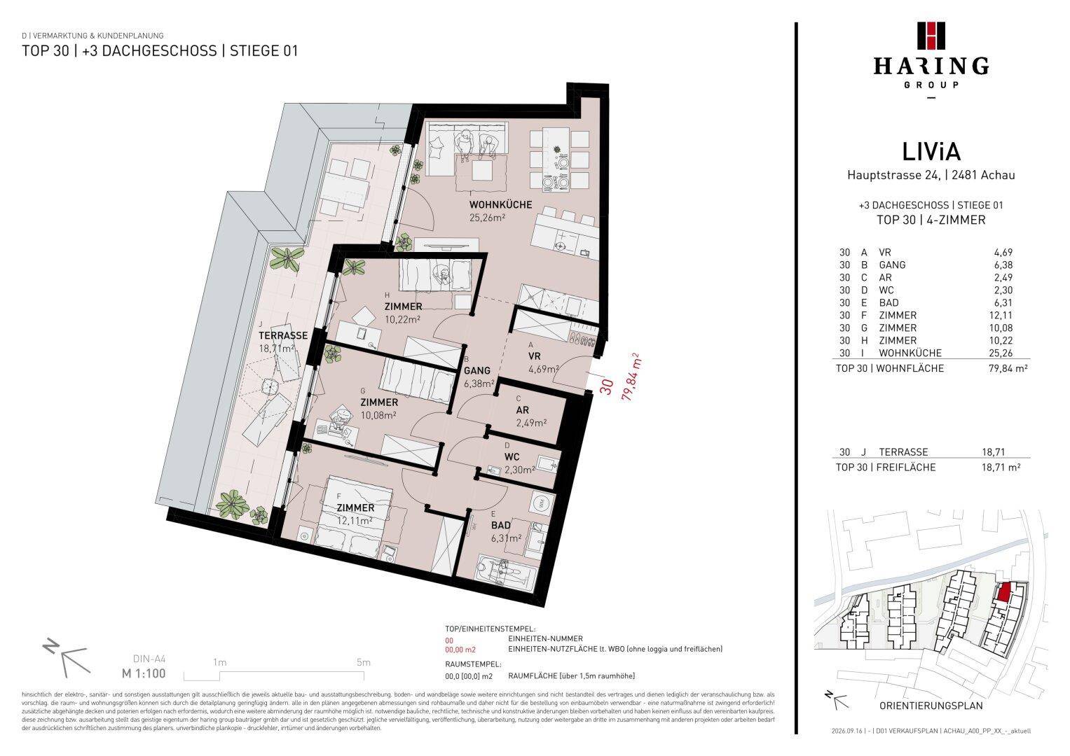 Grundriss einer modernen 4-Zimmer-Wohnung mit großer Terrasse und offener Wohnküche.