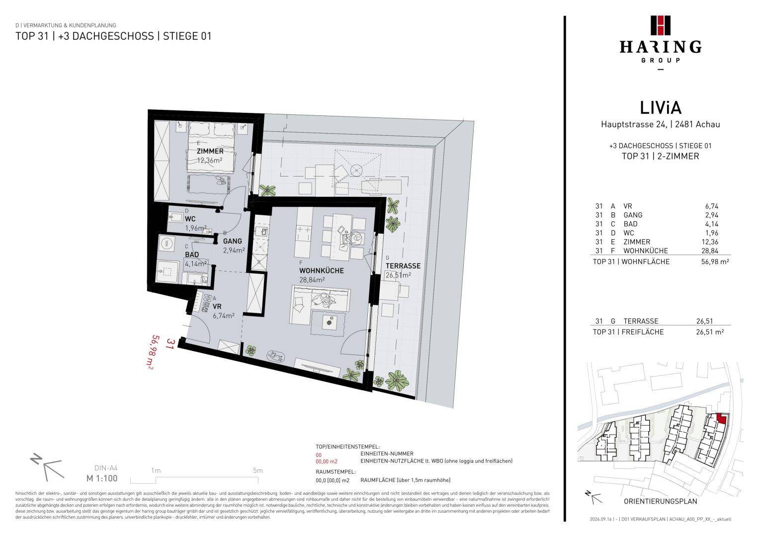 Grundriss der Dachgeschosswohnung Top 31 mit Wohnküche, Schlafzimmer und großer Terrasse.
