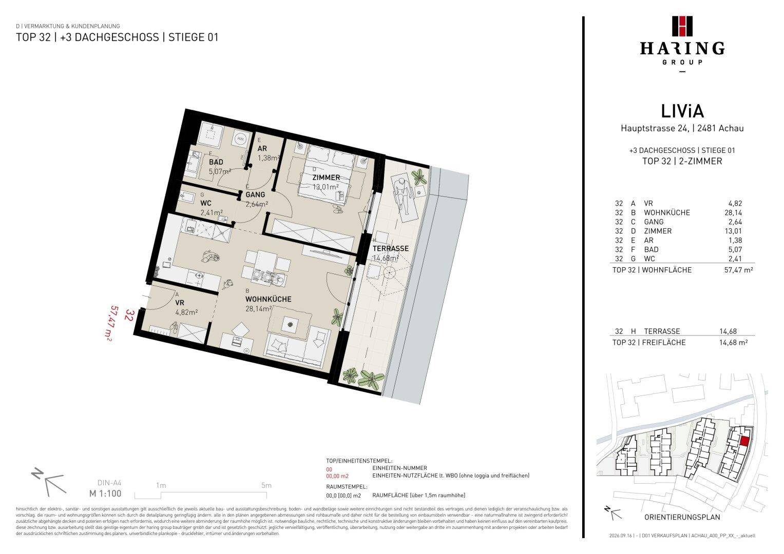 Grundriss einer 2-Zimmer-Wohnung mit offener Wohnküche und großer Terrasse.
