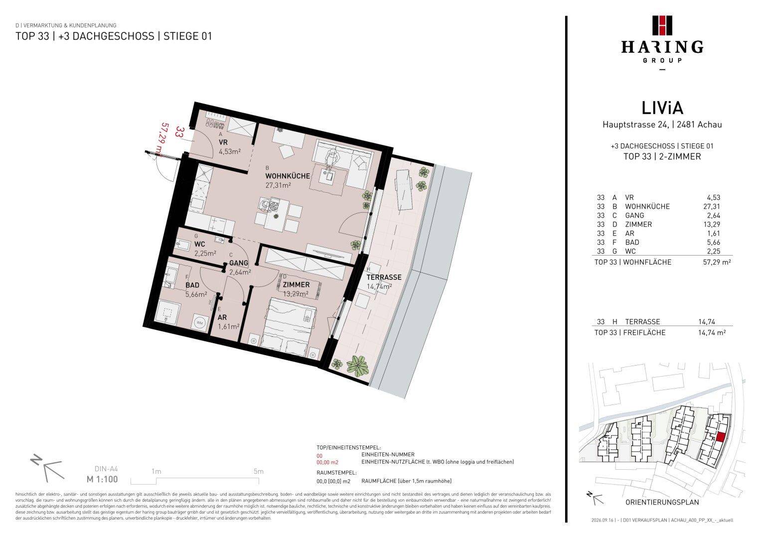 Detaillierter Grundriss einer 2-Zimmer-Wohnung mit Terrasse und klarem Raumkonzept.