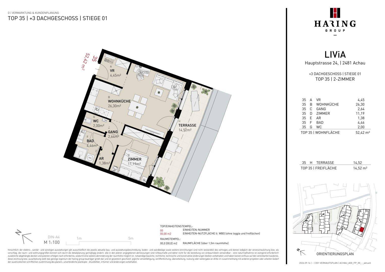 Detaillierter Grundriss einer 2-Zimmer-Wohnung mit offener Wohnküche und großer Terrasse.