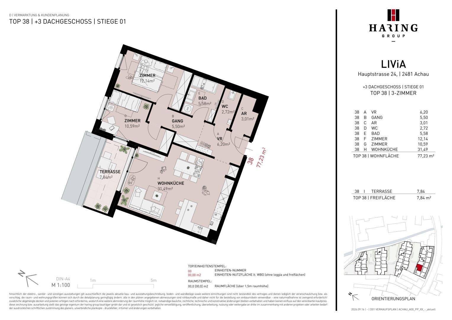Detaillierter Grundriss einer Wohnung mit Wohnküche, zwei Zimmern und einer großzügigen Terrasse.