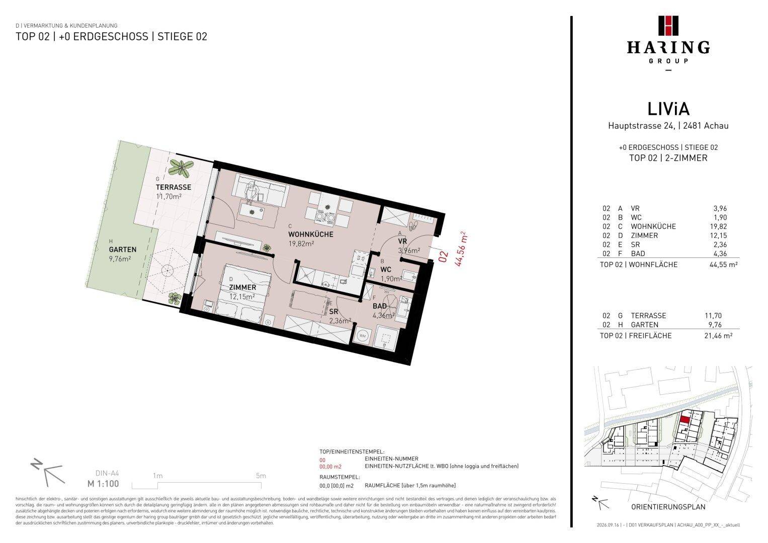 Grundriss einer Wohnung mit Terrasse, Garten, Wohnküche und zwei Schlafzimmern.