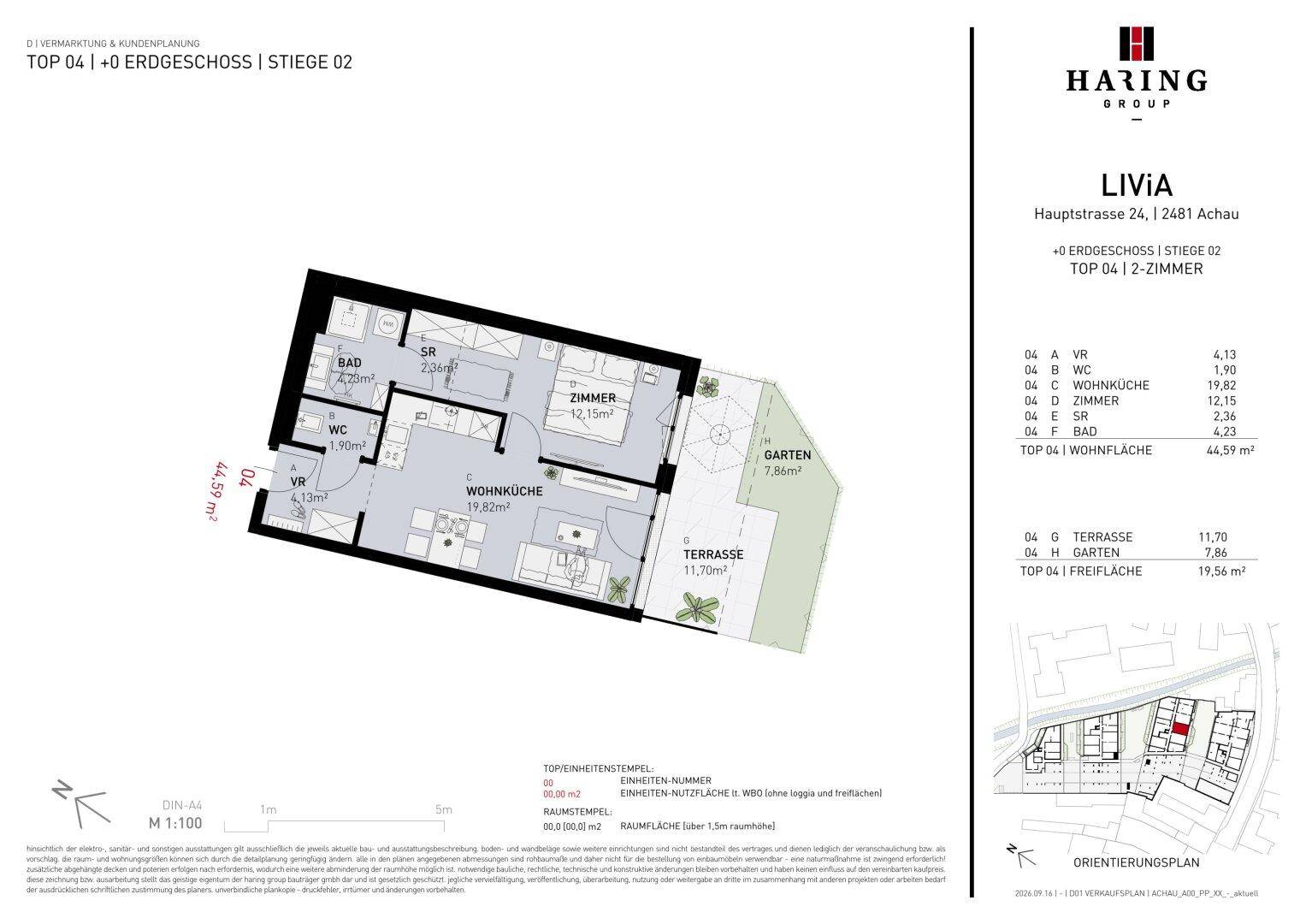 Grundriss einer Wohnung mit Wohnküche, Schlafzimmer, Bad, Terrasse und Gartenanteil.