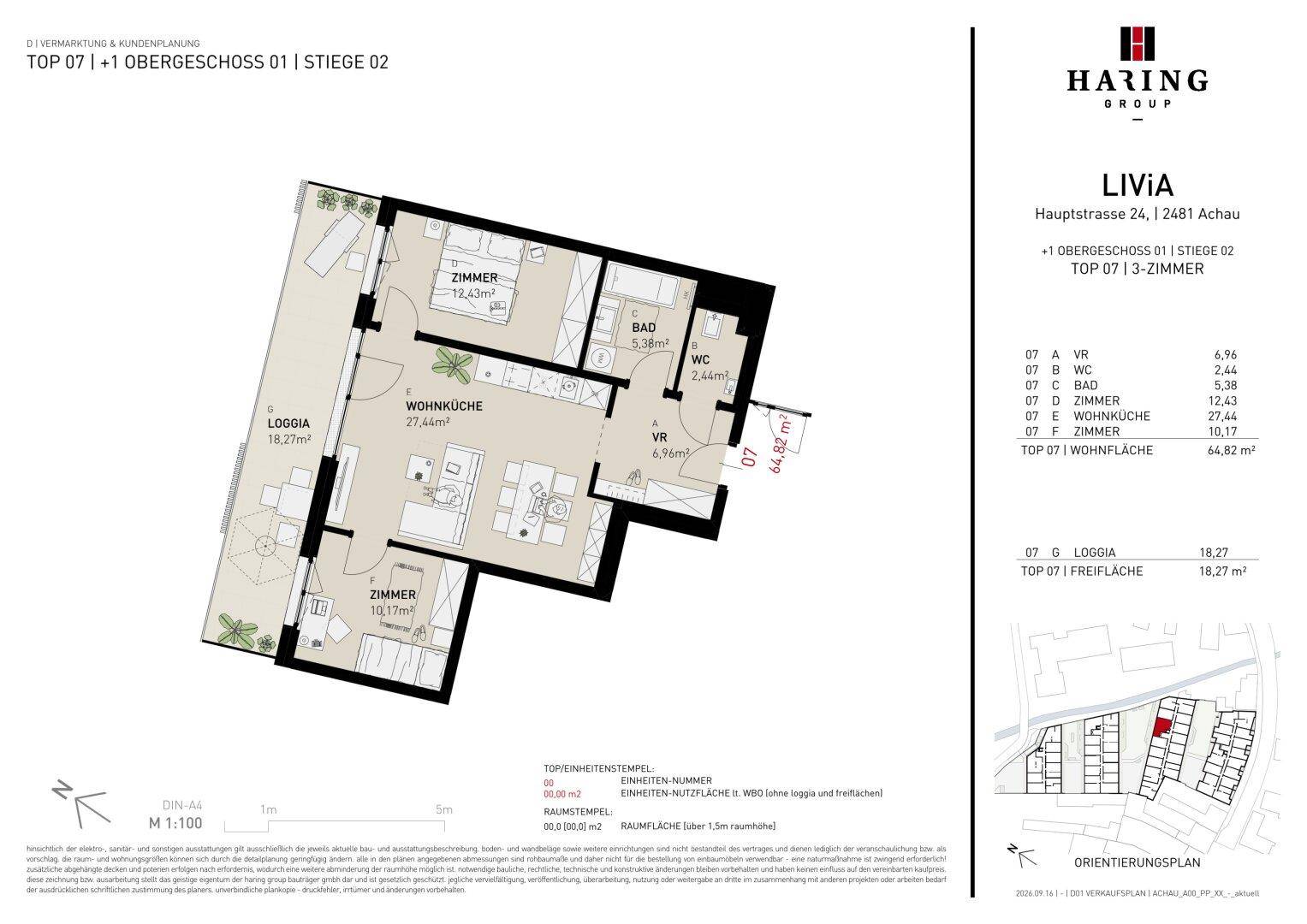 Grundriss einer 3-Zimmer-Wohnung mit Loggia und offenem Wohnbereich.