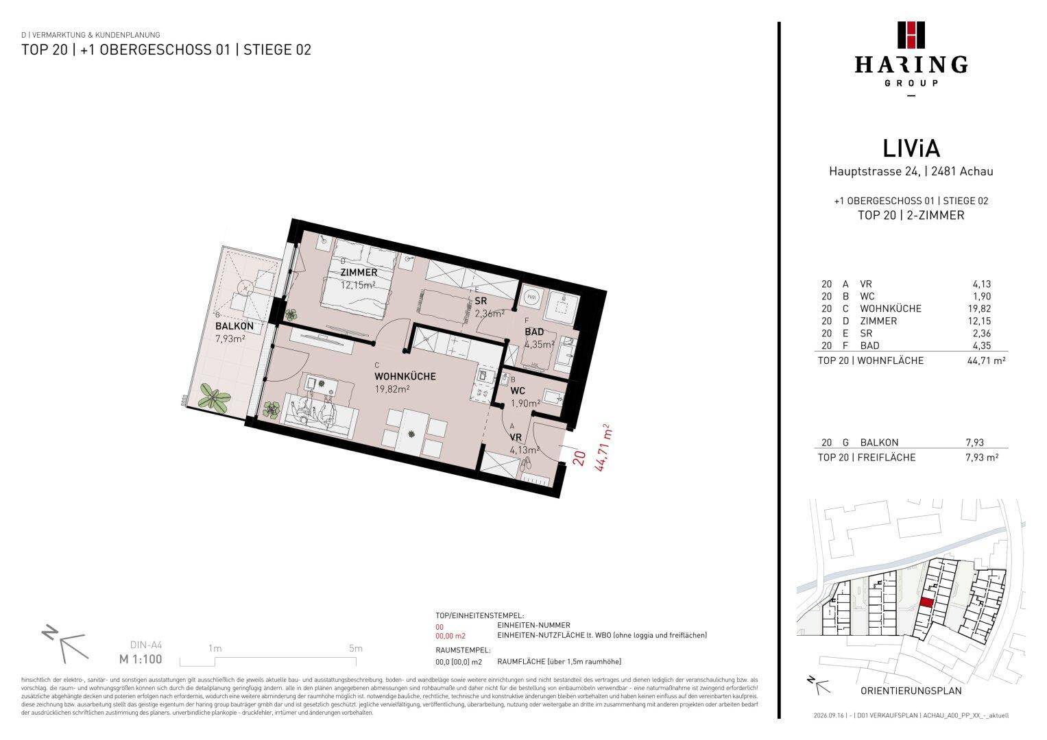 Detaillierter Grundriss einer Wohnung mit Balkon, zwei Zimmern und offenem Wohnküchenbereich.