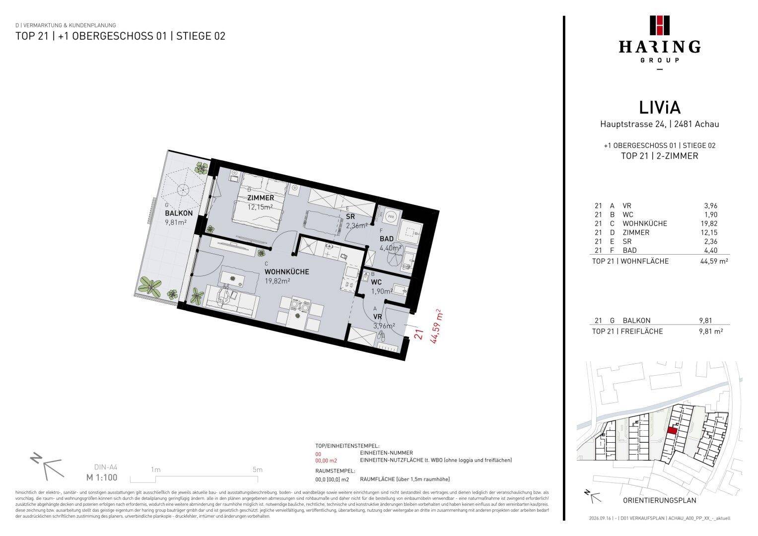 Detaillierter Grundriss einer Wohnung mit Wohnküche, Schlafzimmer und Balkon.