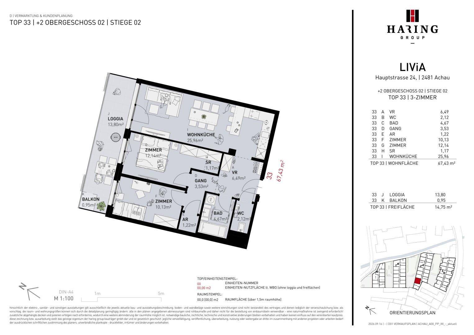 Detaillierter Grundriss der Wohnung Top 33 mit Loggia und Balkon.
