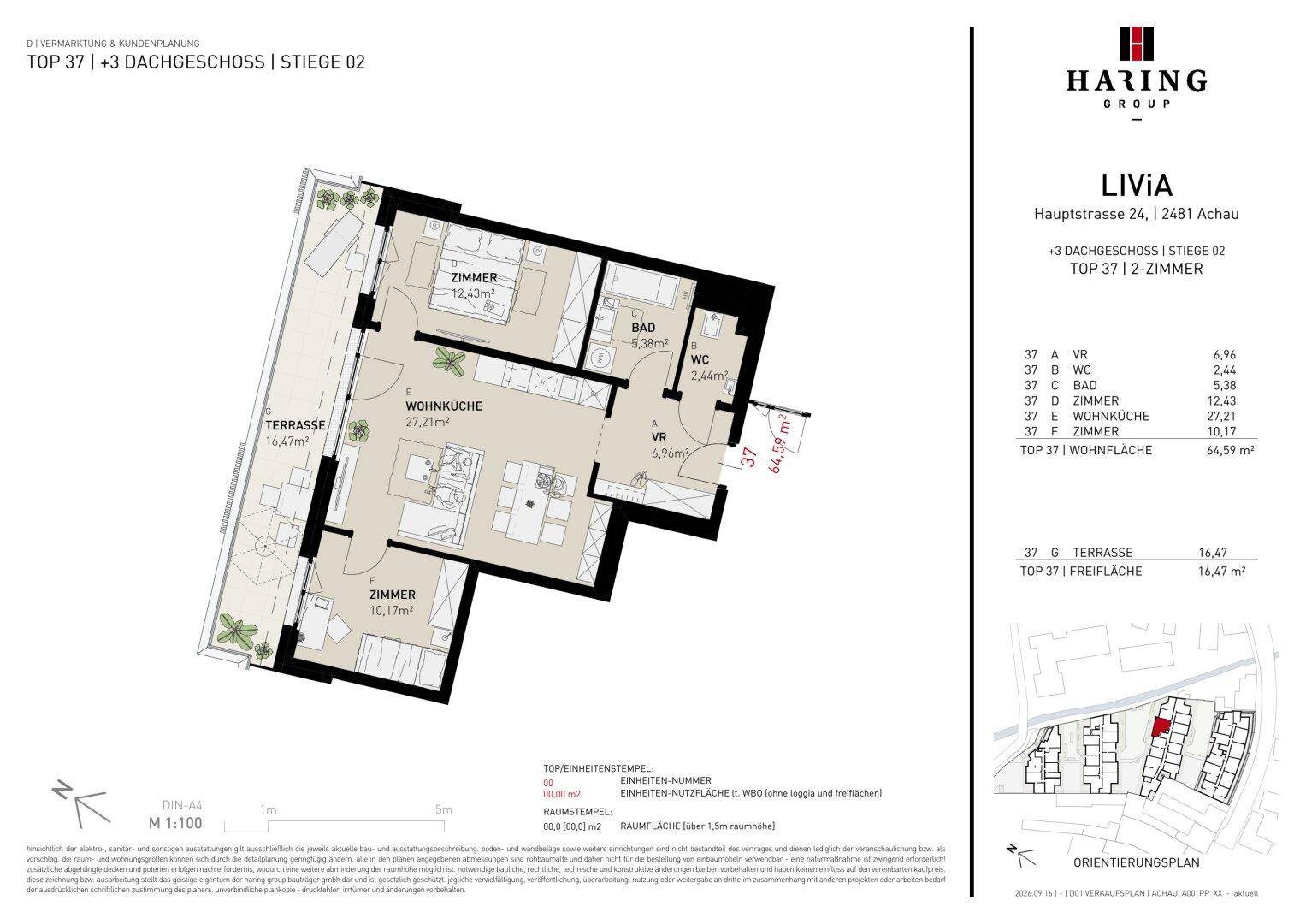 Grundriss für eine Dachgeschosswohnung mit Terrasse, Wohnzimmer, Schlafzimmer und Bad.