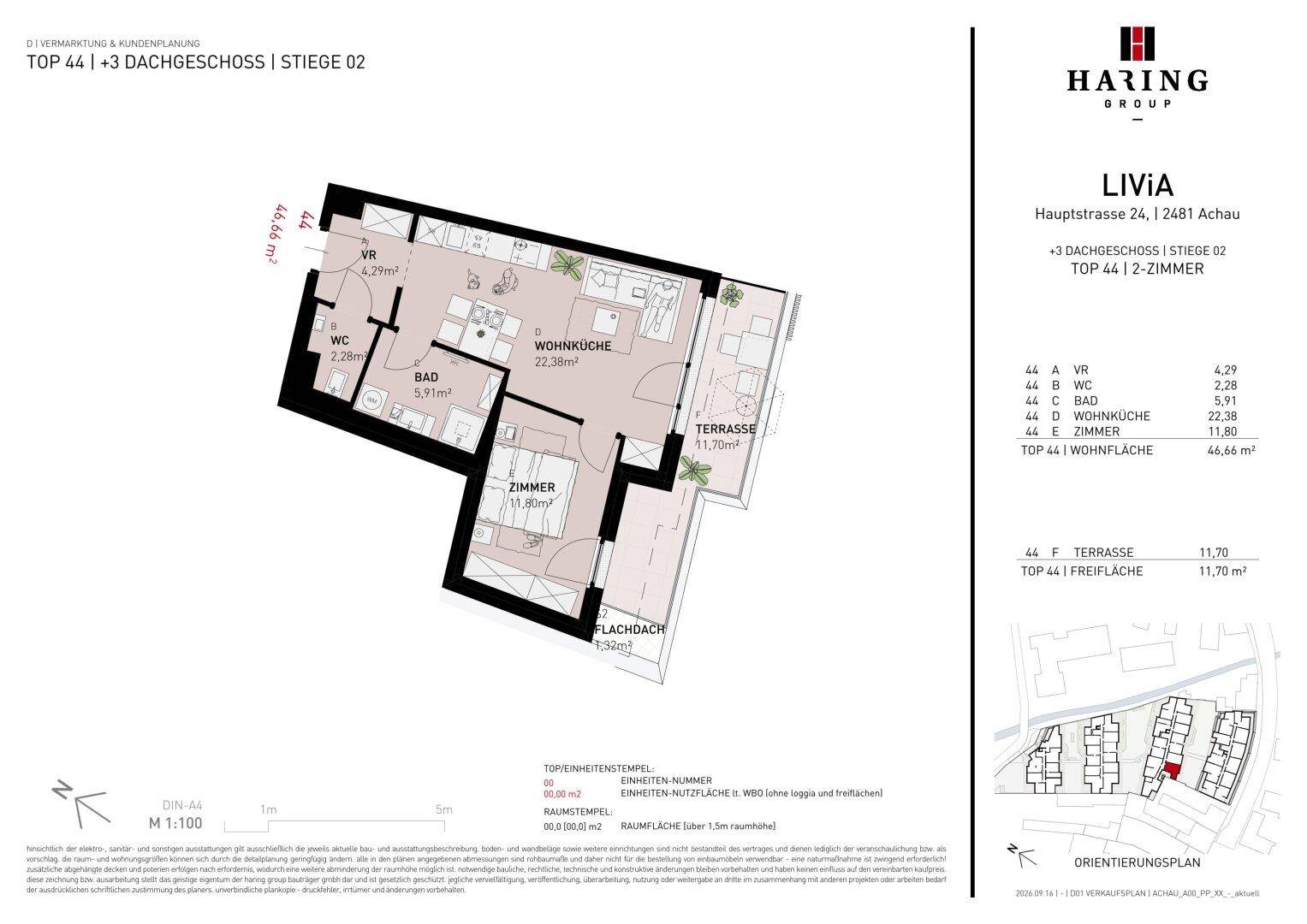 Detaillierter Grundriss einer 2-Zimmer-Wohnung mit Terrasse und offener Wohnküche.