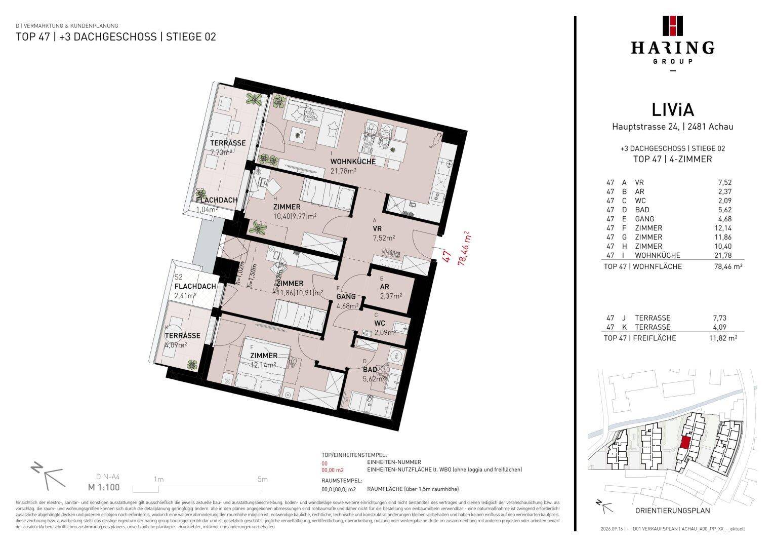 Detaillierter Grundriss einer 4-Zimmer-Wohnung mit Terrassen und offenem Wohnbereich.