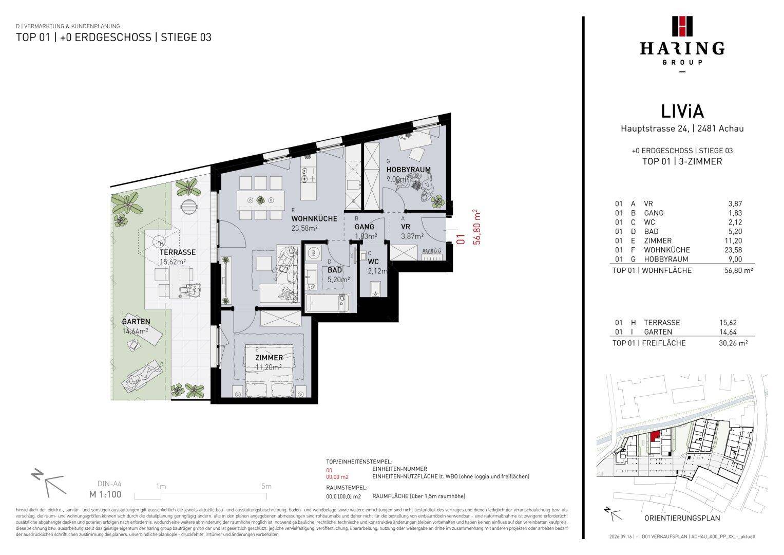 Detaillierter Grundriss einer Wohnung mit Terrasse, Garten und offenem Wohnküchenbereich.