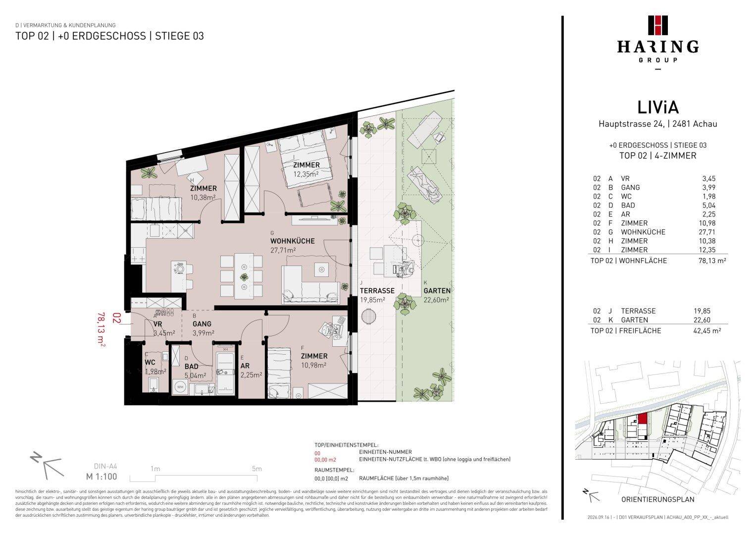 Detaillierter Grundriss einer Wohnung mit drei Zimmern, Terrasse und privatem Gartenbereich.