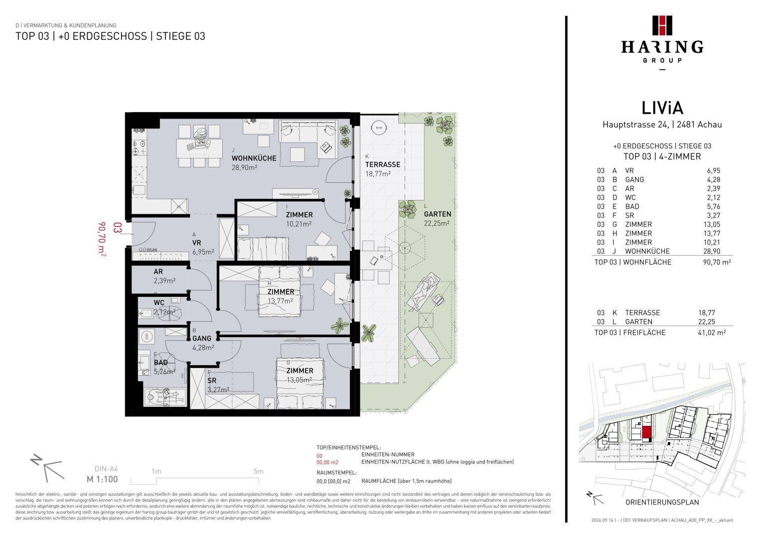 Grundriss einer 3-Zimmer-Wohnung mit offener Wohnküche, Terrasse und Gartenanteil.