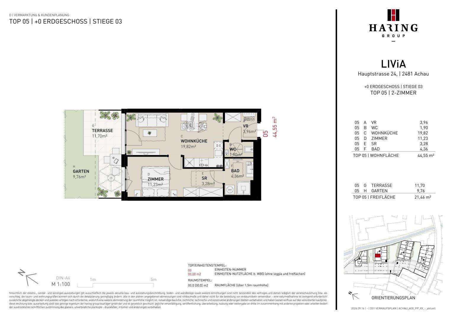 Grundriss einer Wohnung mit offenem Wohnbereich, Terrasse und privatem Garten.