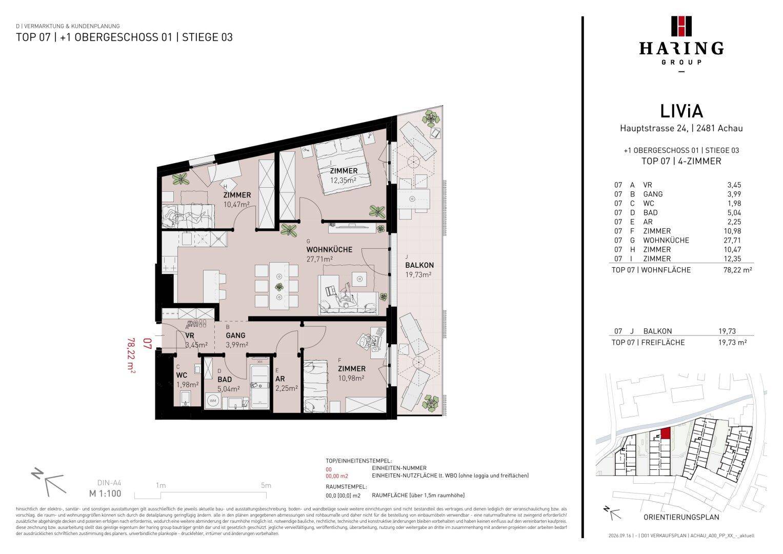 Grundriss der Wohnung TOP 07 mit drei Zimmern, Wohnküche und einem großzügigen Balkon.