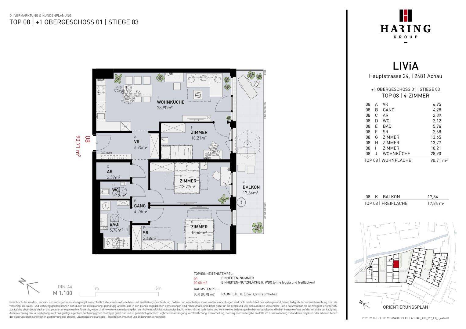 Detaillierter Grundriss einer Wohnung mit drei Zimmern, offener Wohnküche und großem Balkon.