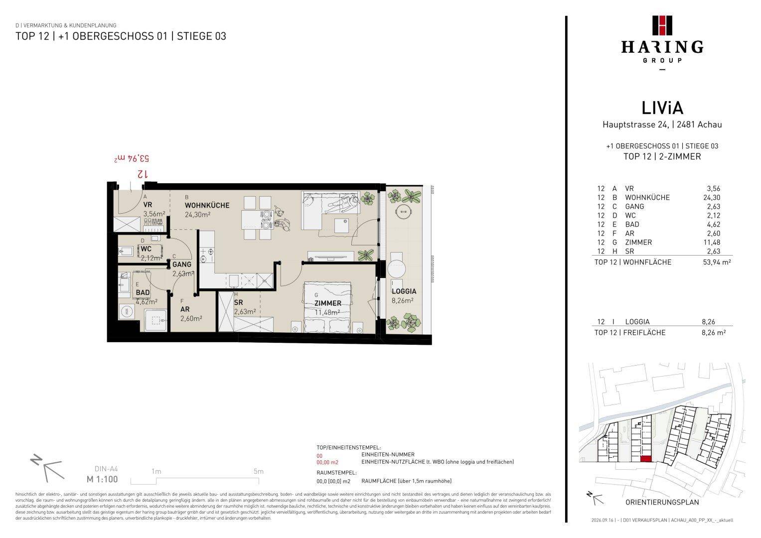 Detaillierter Grundriss einer Wohnung mit Loggia und offenem Wohnbereich.