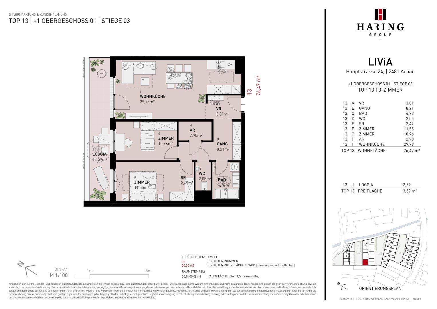 Detaillierter Grundriss einer Wohnung mit Loggia, zwei Schlafzimmern und offenem Wohnbereich.