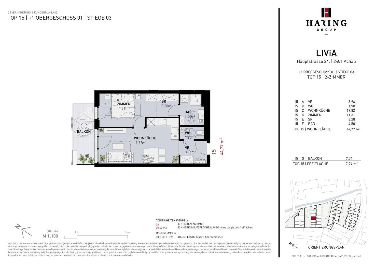 Grundriss einer Wohnung mit einem Schlafzimmer, offenem Wohnbereich und Balkon.