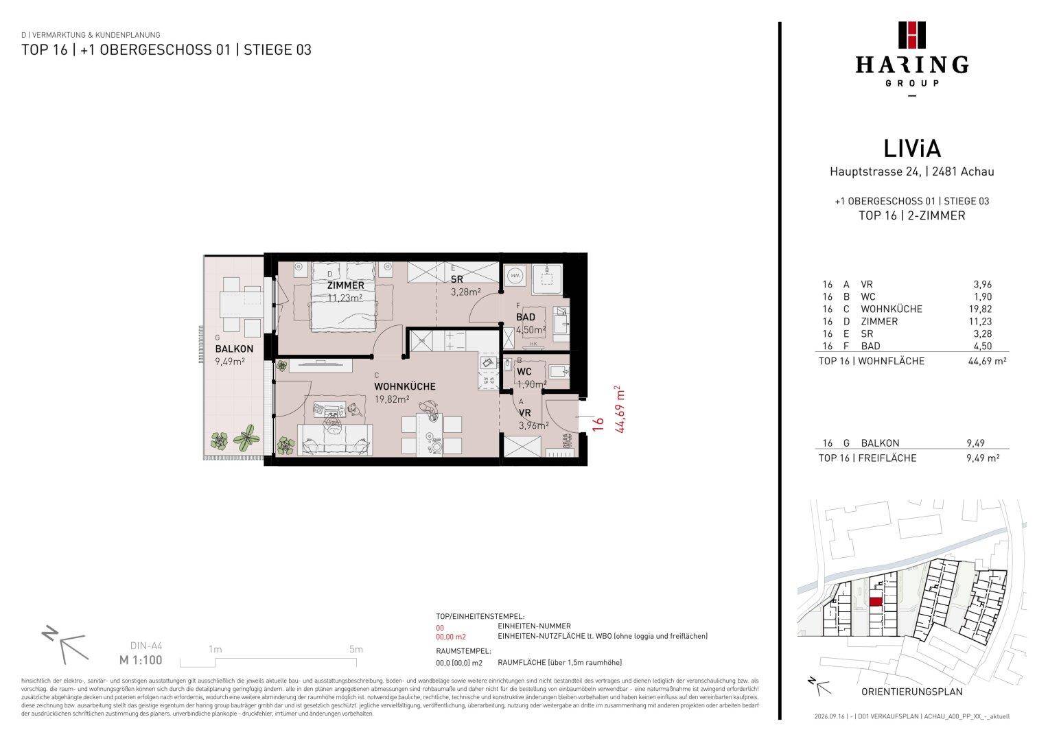 Grundriss einer Wohnung mit einem Schlafzimmer, Wohnküche und großem Balkon.