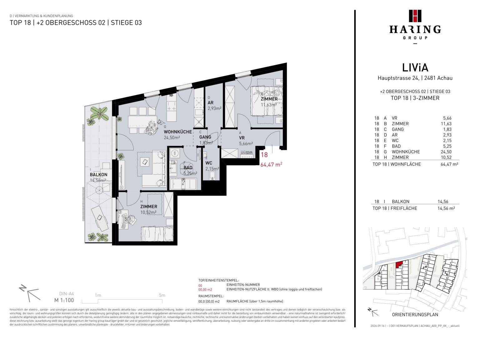Detaillierter Grundriss einer Wohnung mit drei Zimmern, Balkon und klarer Raumaufteilung.