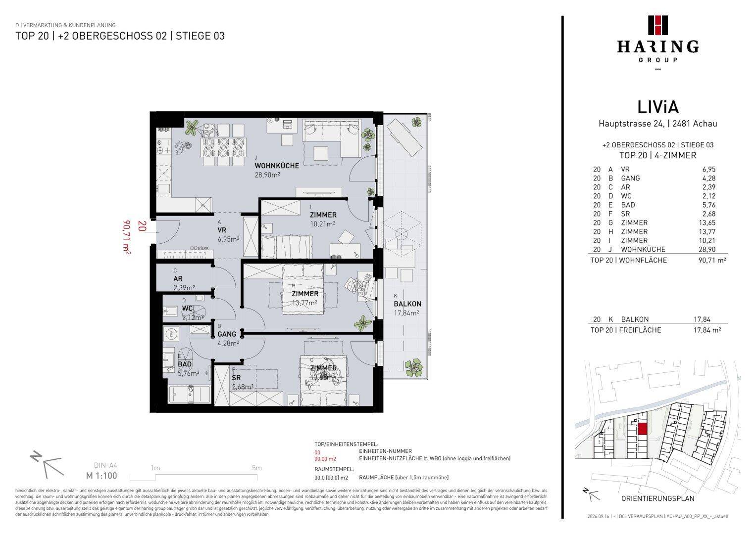 Detaillierter Grundriss einer Wohnung mit drei Zimmern, Balkon und offener Wohnküche.