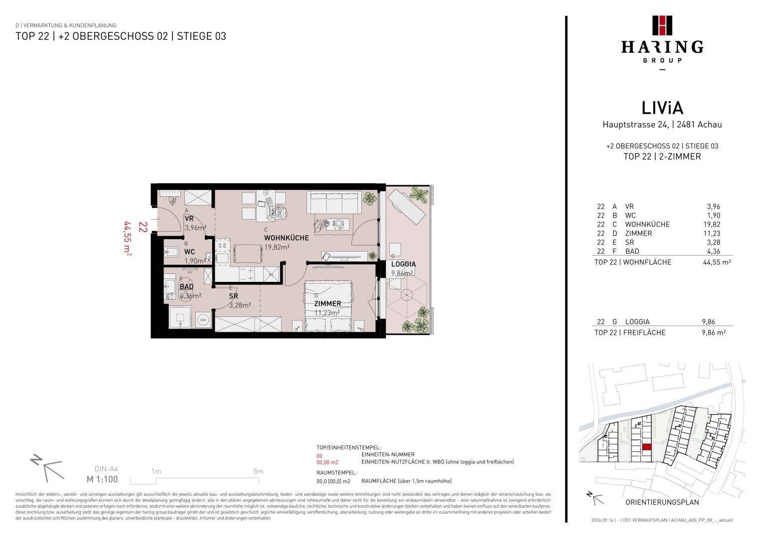 Grundriss der Wohnung TOP 22 mit Wohnküche, einem Zimmer, Bad, WC und einer Loggia.