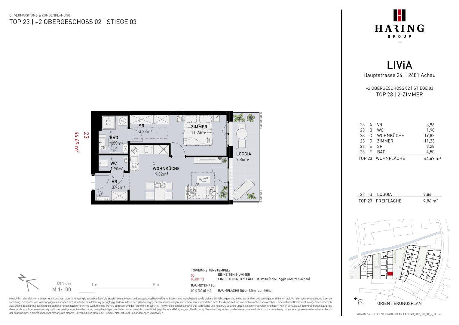 Grundriss der Wohnung TOP 23 mit Wohnküche, einem Zimmer, Bad, WC und Loggia.