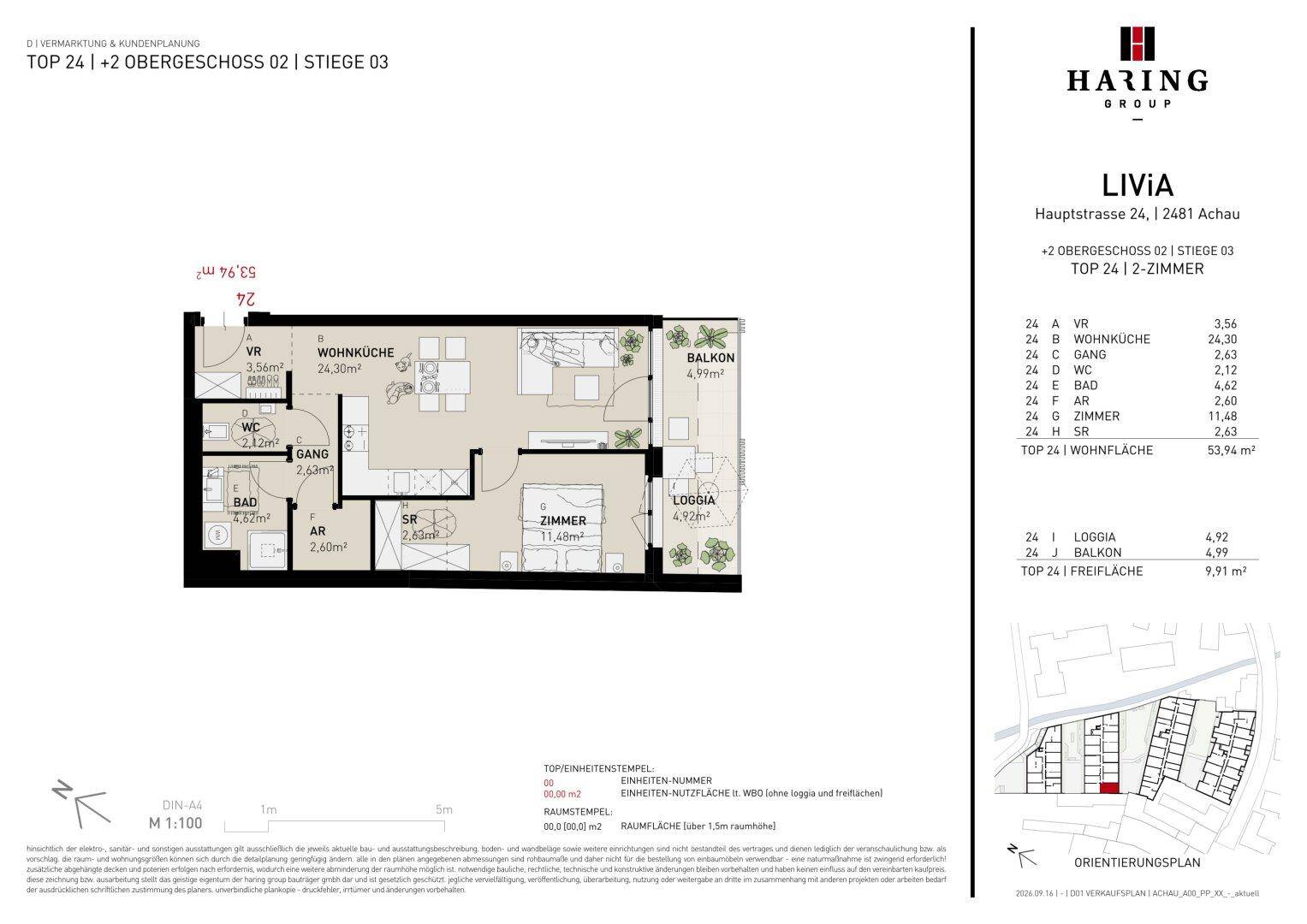 Detaillierter Grundriss einer Wohnung mit Wohnküche, zwei Zimmern, Loggia und Balkon.