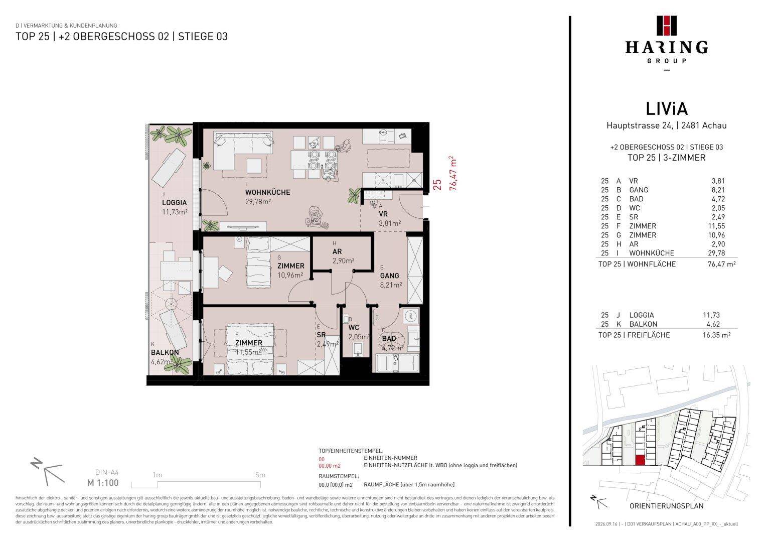 Grundriss der Wohnung TOP 25 im zweiten Obergeschoss mit Wohnküche, zwei Zimmern, Bad und Loggia.