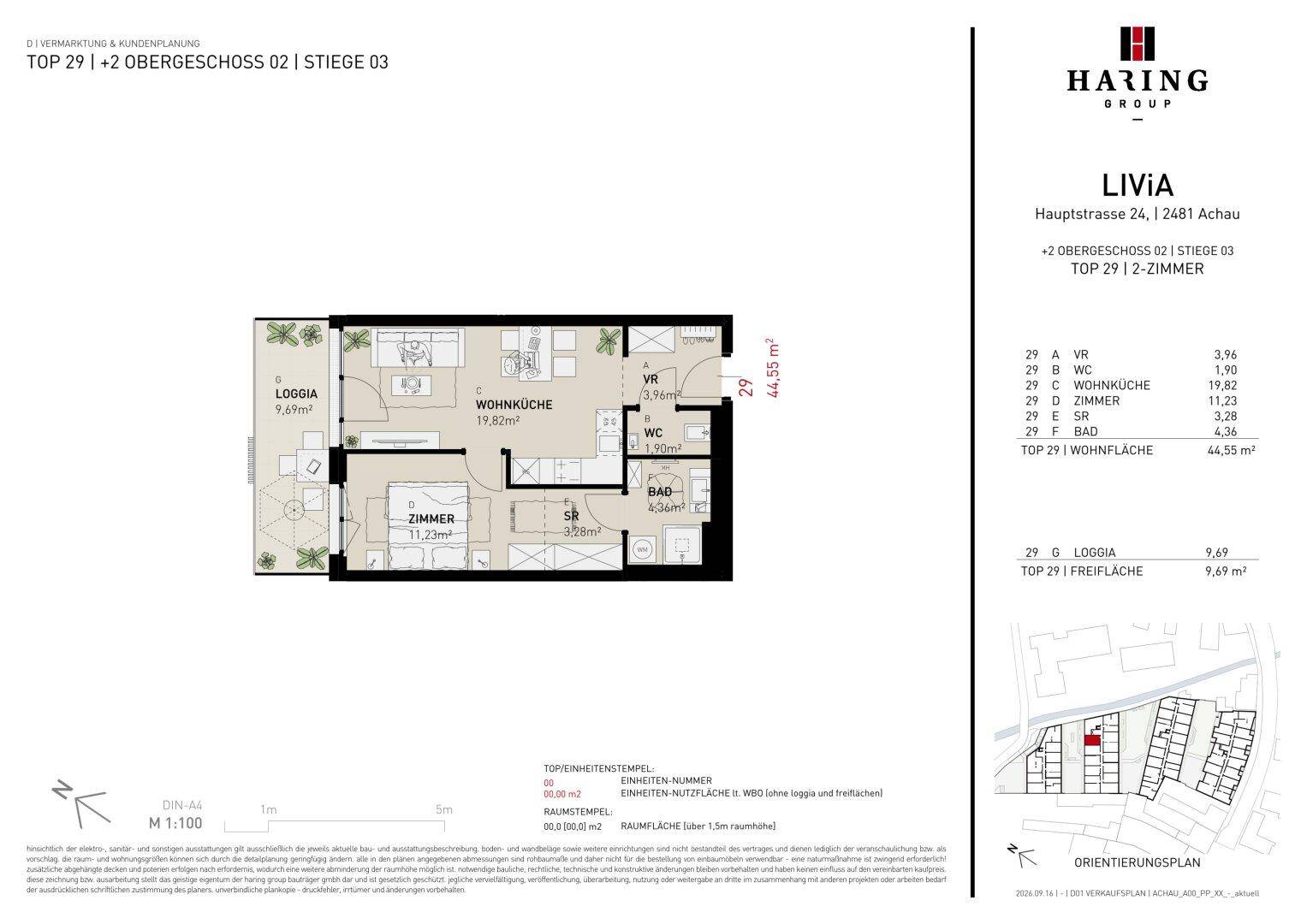 Grundriss einer Wohnung mit Wohnküche, Schlafzimmer, Bad und einer Loggia von 9,69 m².