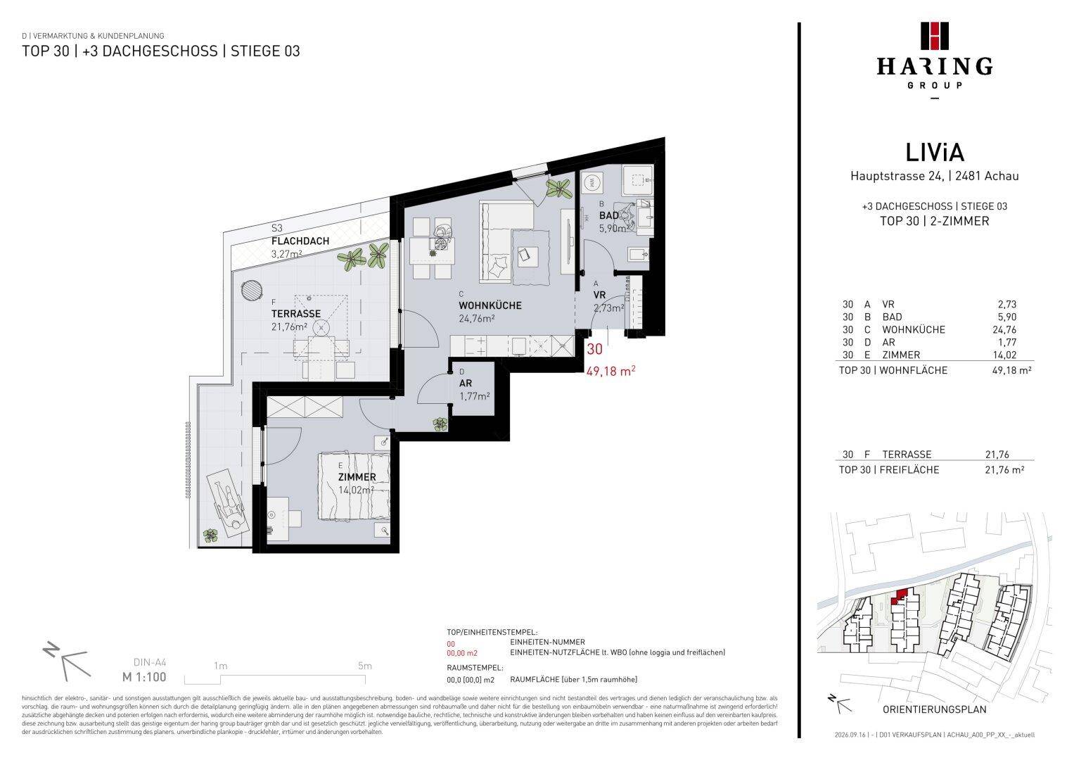 Grundriss einer Wohnung mit Wohnküche, Schlafzimmer und großer Terrasse von 21,76 m².