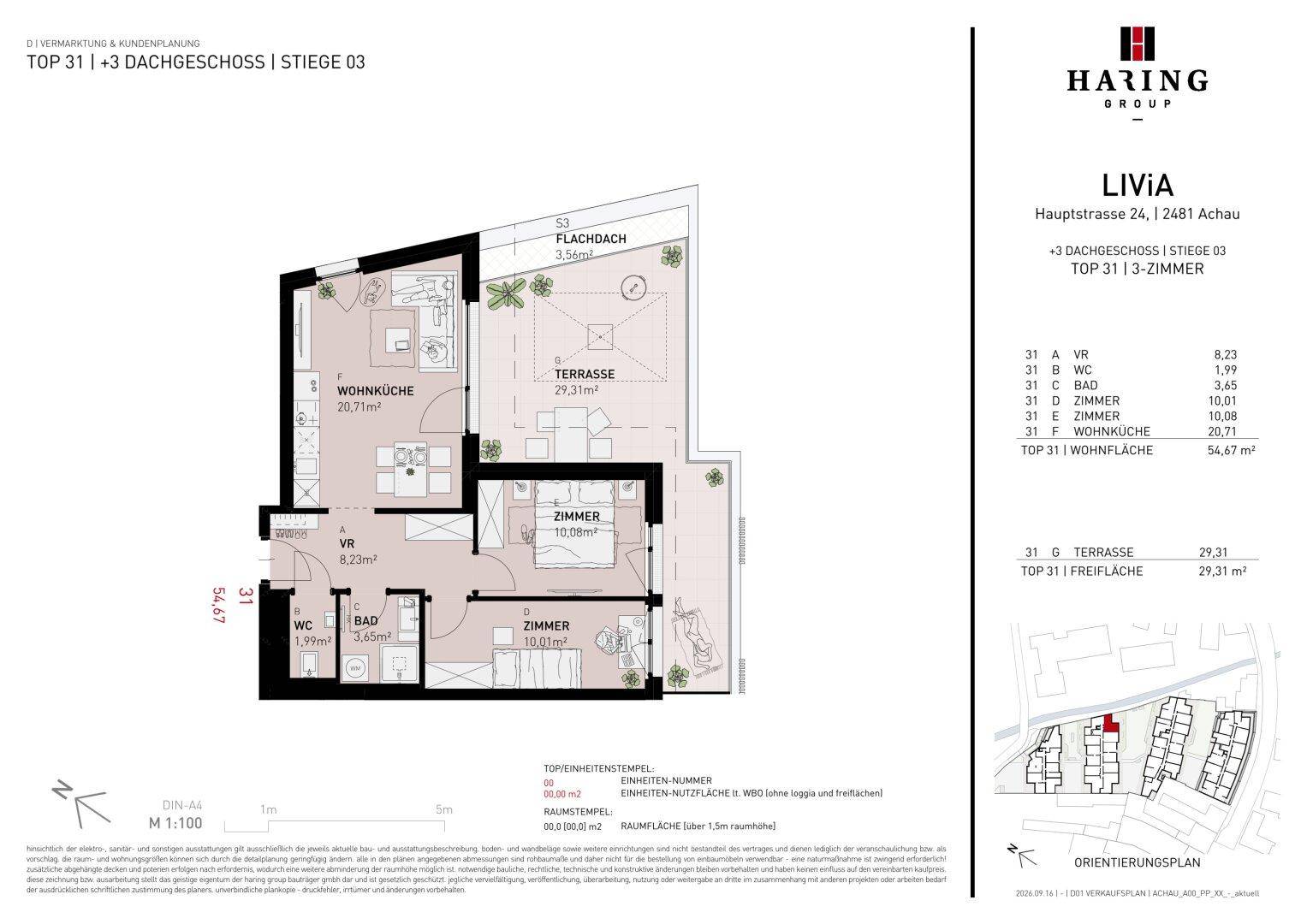 Detaillierter Grundriss einer Wohnung mit drei Zimmern, Terrasse und offener Wohnküche.