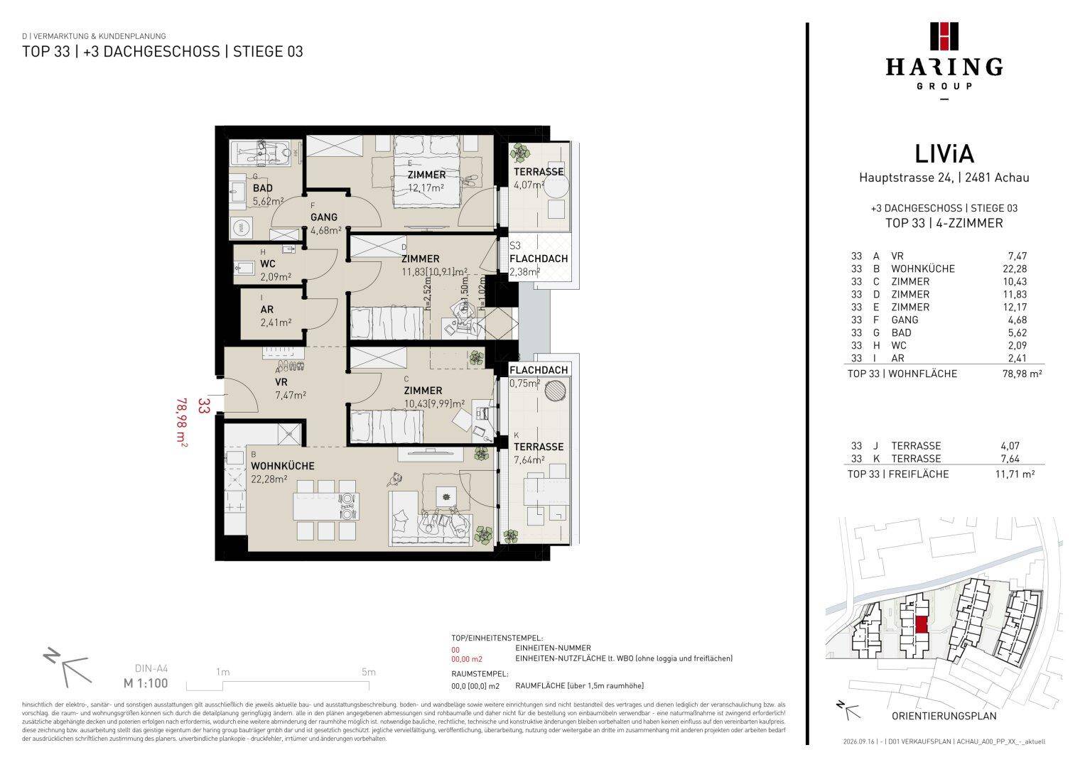 Detaillierter Grundriss einer 4-Zimmer-Wohnung mit zwei Terrassen und offenem Wohn-Essbereich.