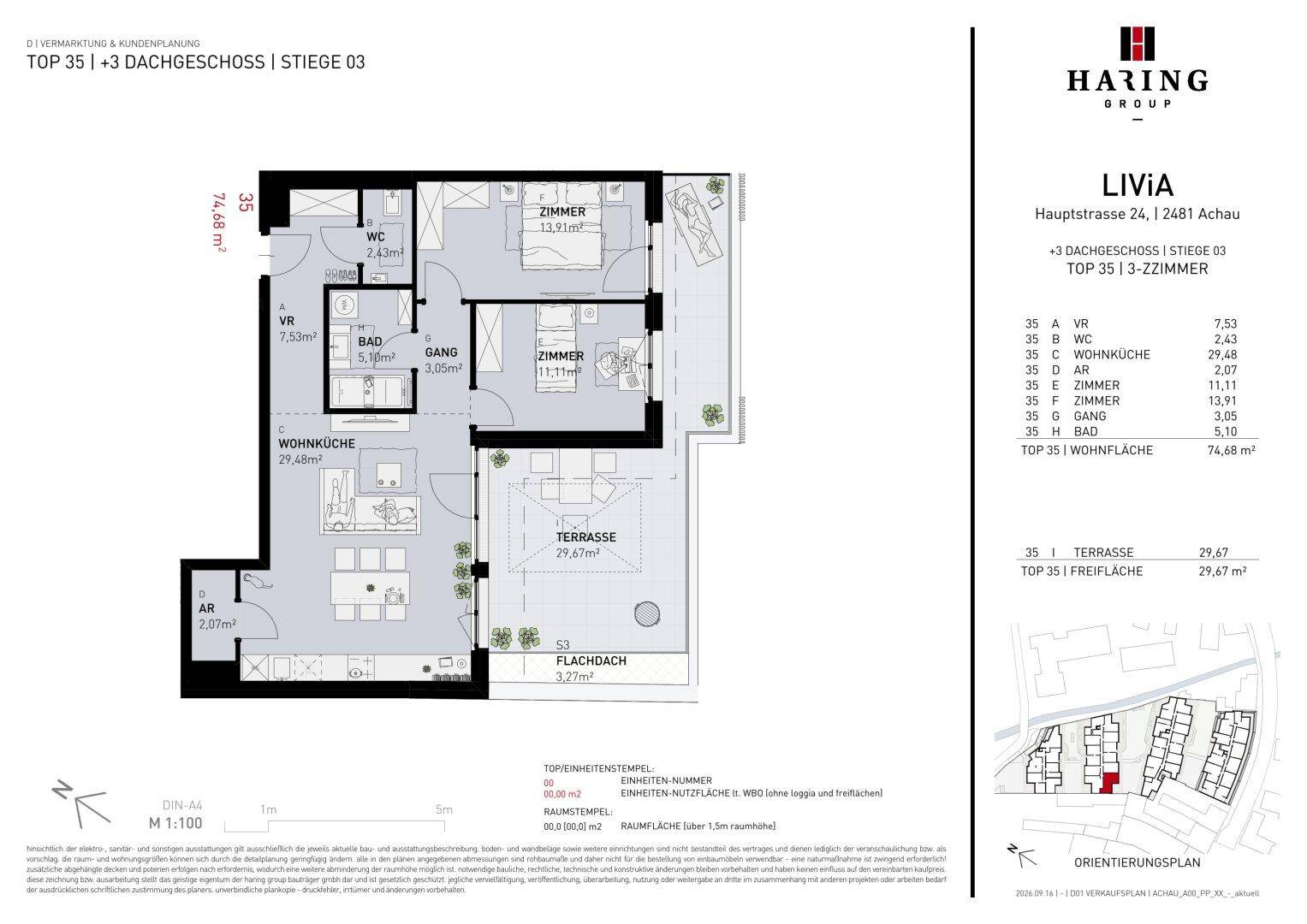 Detaillierter Grundriss einer Wohnung mit drei Zimmern, Wohnküche und großer Terrasse.