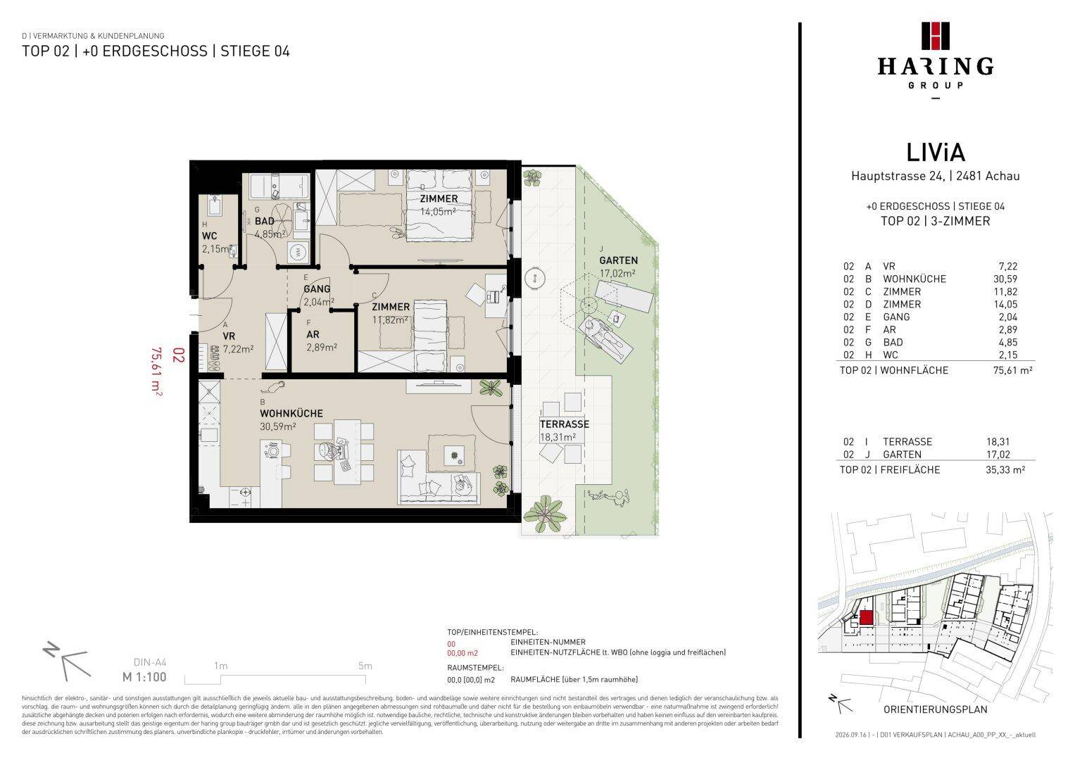 Grundriss einer Erdgeschosswohnung mit Terrasse, Garten und drei Zimmern.