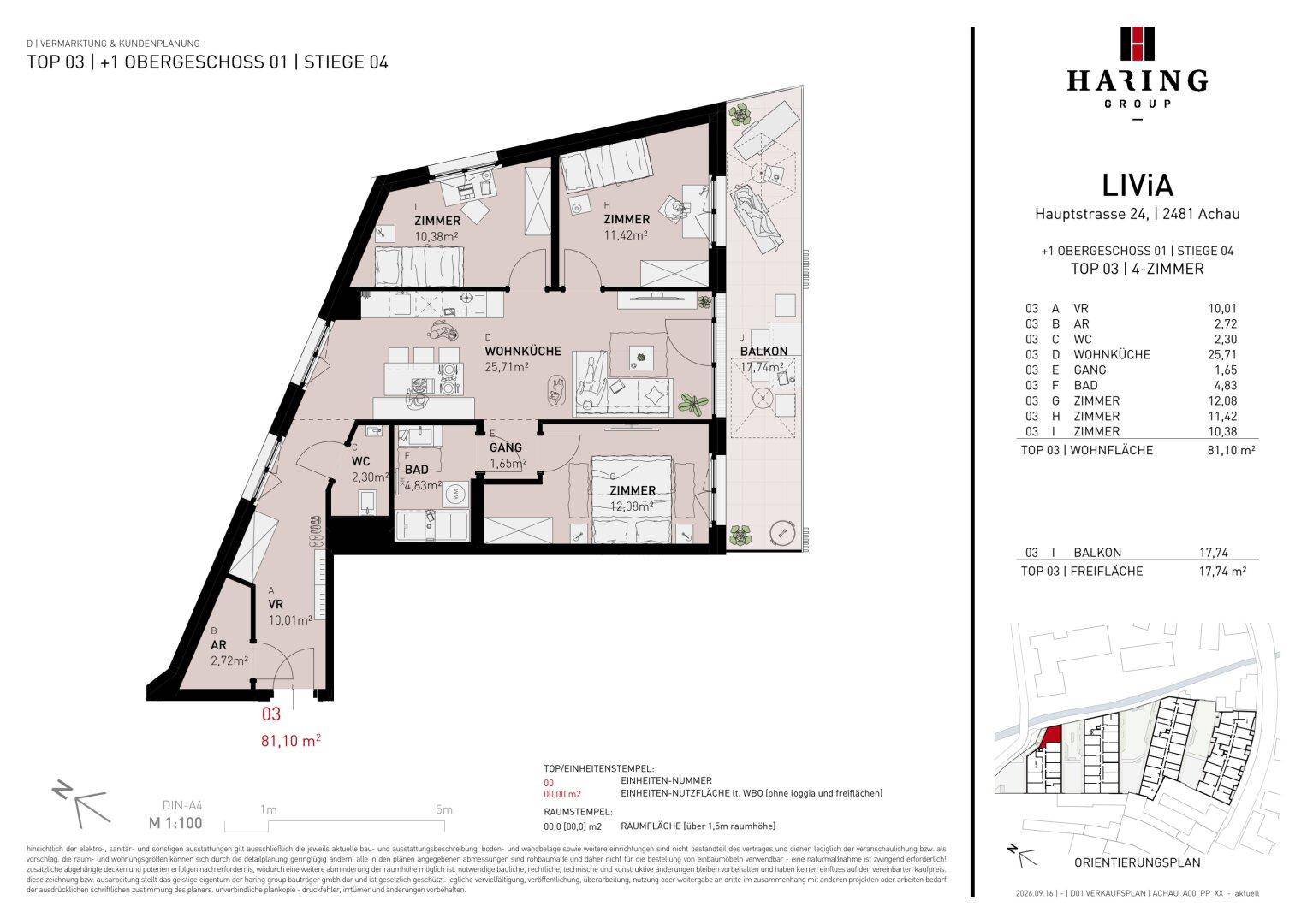 Grundriss einer Wohnung mit drei Zimmern, offener Wohnküche und Balkon.